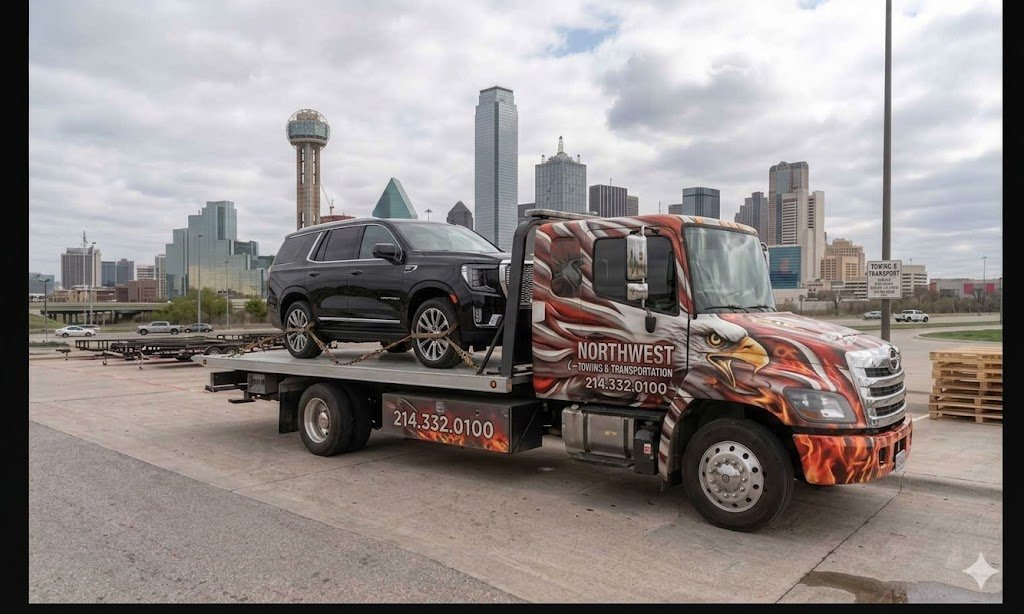 NW Towing flatbed hauling a black SUV with the Dallas skyline in the background