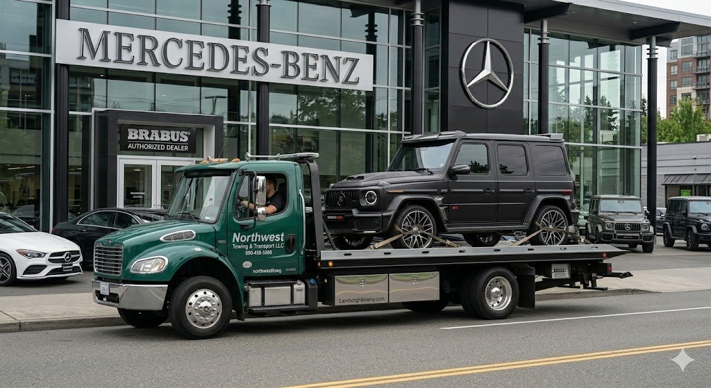 Northwest Towing & Transport LLC flatbed truck transporting a Mercedes-Benz G-Wagon at a dealership